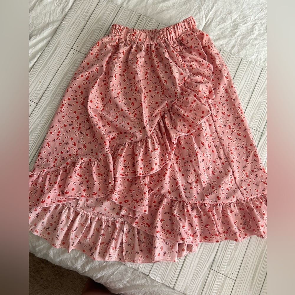 2/$15 Pink with red and white floral pattern ruffle detail skirt